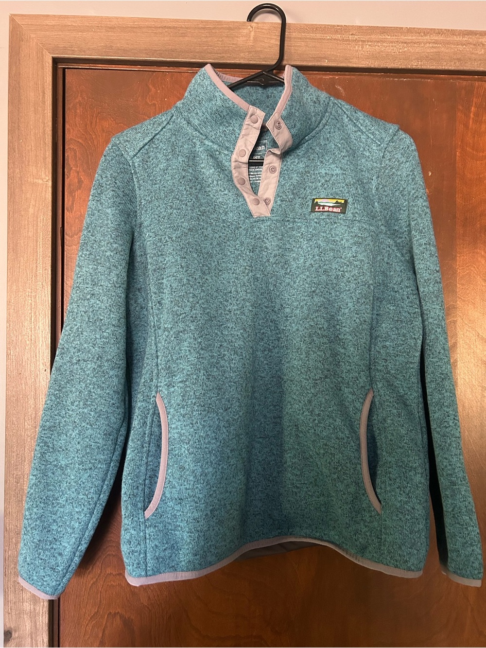 L.L. Bean Teal Mock-Neck Fleece Pullover with Pink Trim